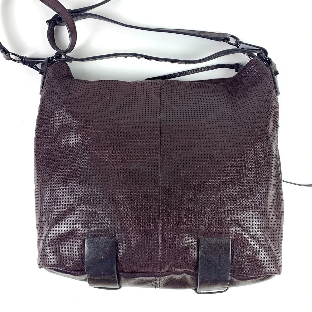 She + Lo Burgundy Perforated Leather Hobo Bucket Crossbody Shoulder Bag Edgy SEE